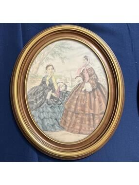 Set Antique La Mode Victorian French Fashion Prints Oval Frames Lot of 2